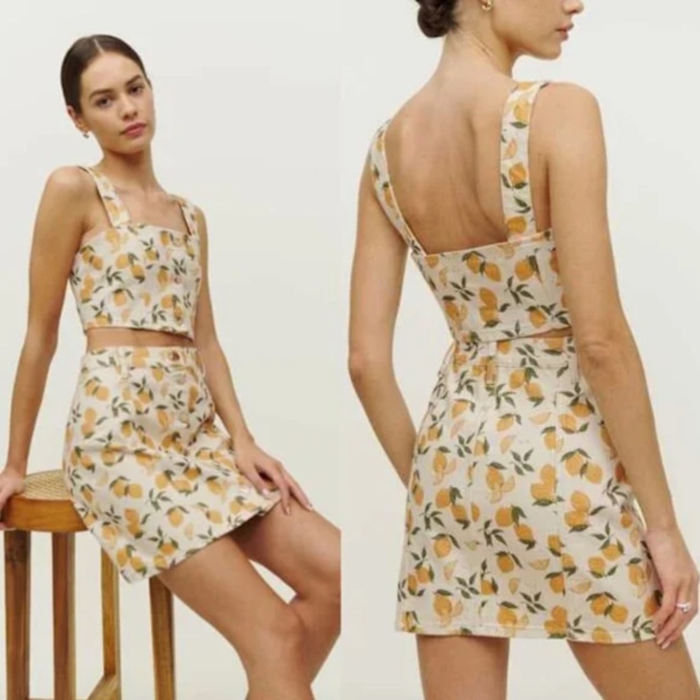 Reformation 🍋 Chrissy Denim 0 Two Piece Set Limoncello lemon print top skirt